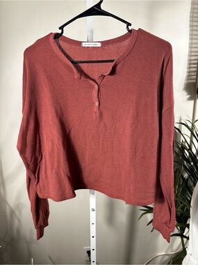 S228. Caution to the Wind Rust Henley Knit Long-Sleeve Top